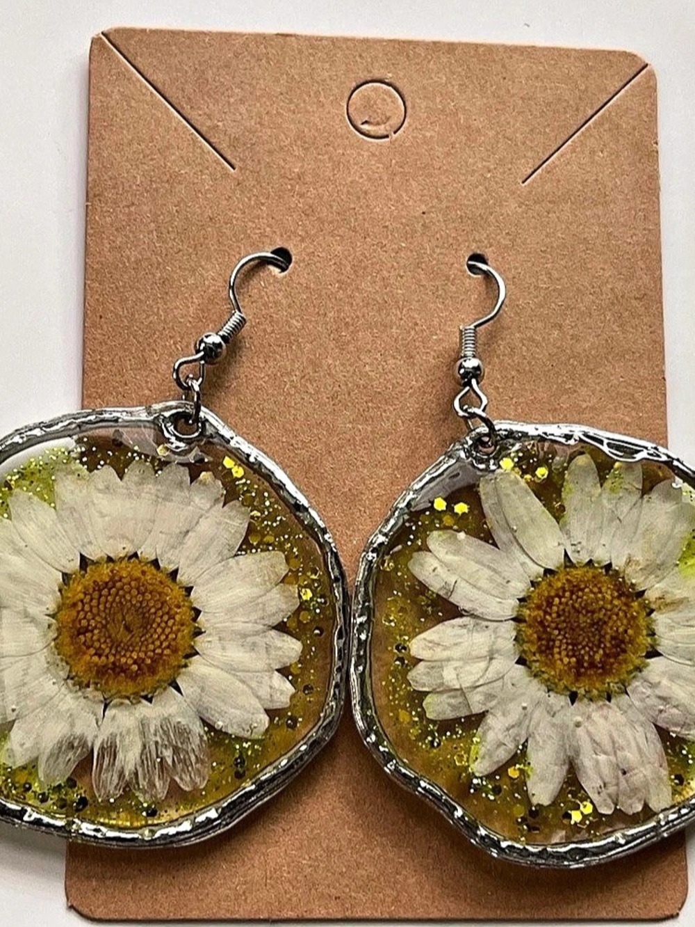 Floral Resin Dangle Earrings in Silver & White
